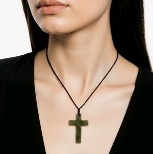 Maori Carved New Zealand Nephrite Jade Cross Pendant Necklace